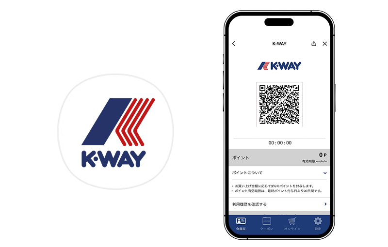  『K-WAY公式メンバーシップ』アイコンとトップ画面